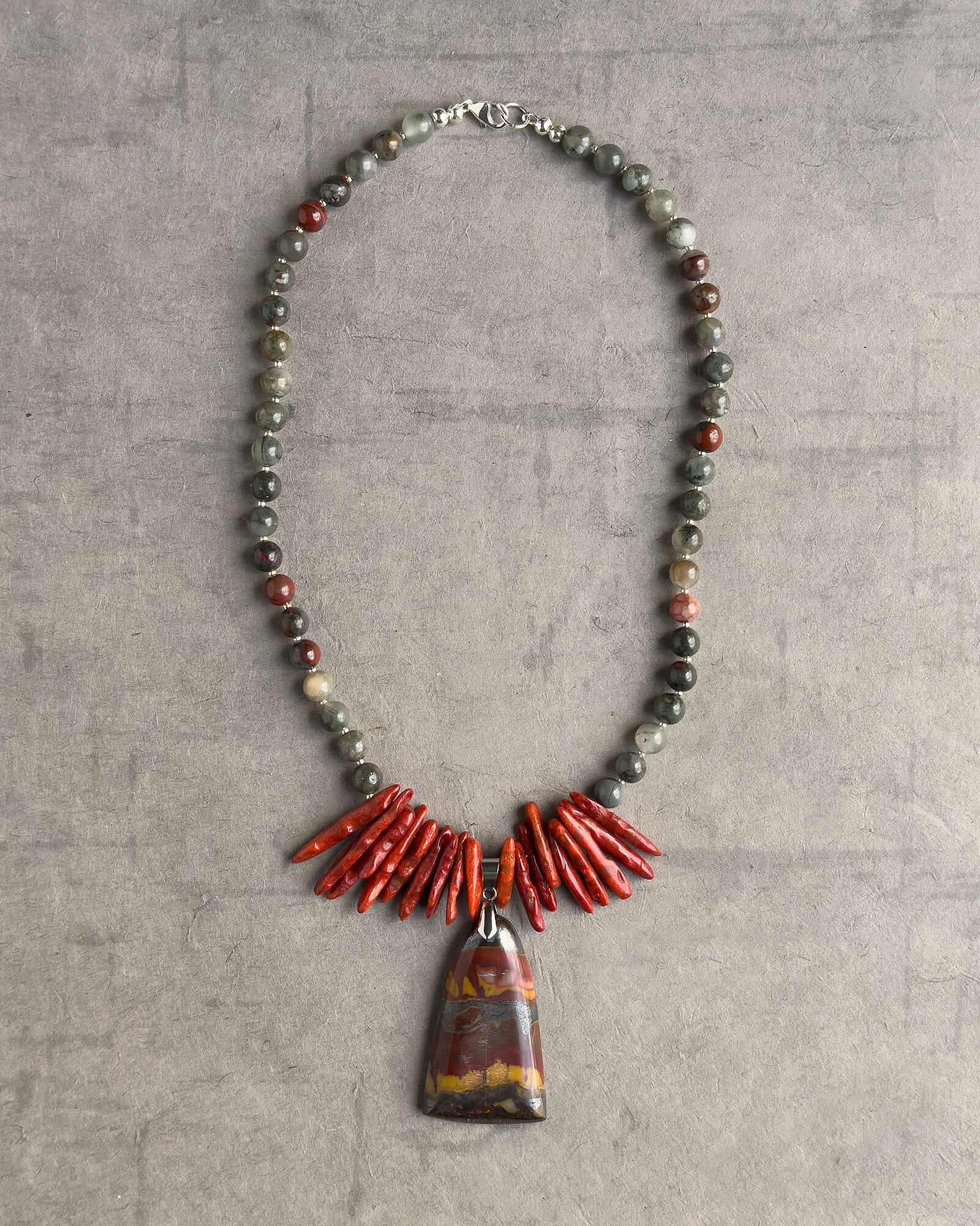 KenLea Designs, Sunset Splendor - Jasper, Bloodstone, and Sponge Coral Necklace