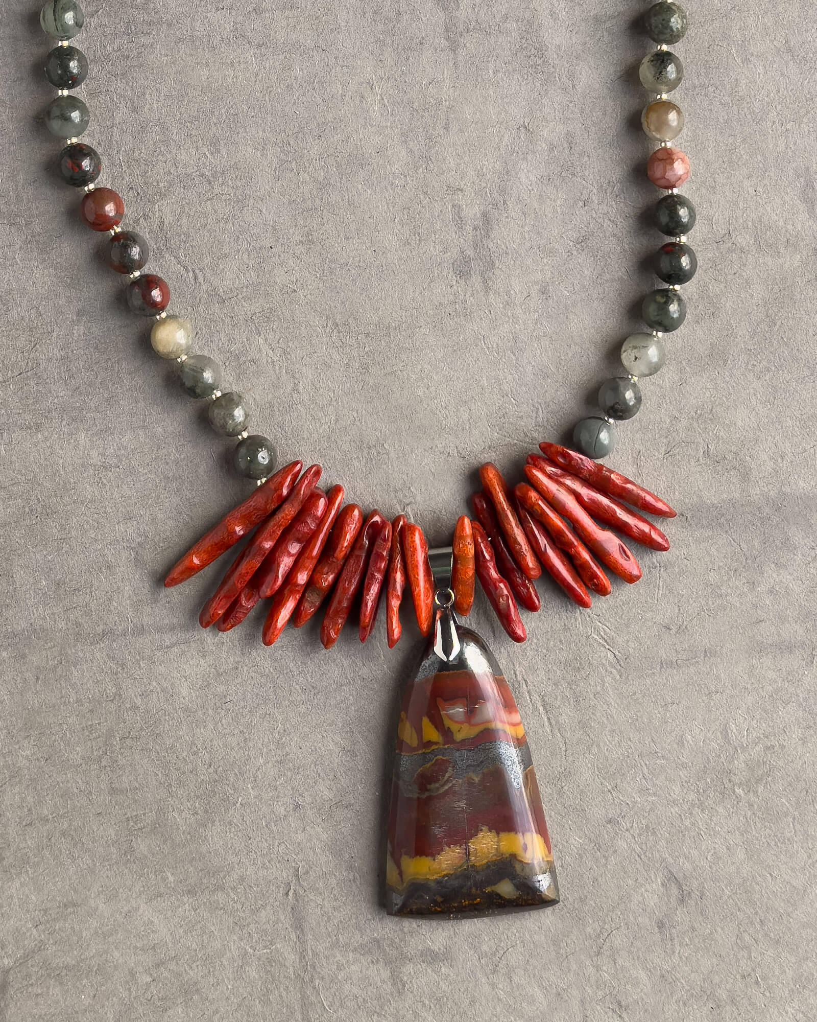 KenLea Designs, Sunset Splendor - Jasper, Bloodstone, and Sponge Coral Necklace